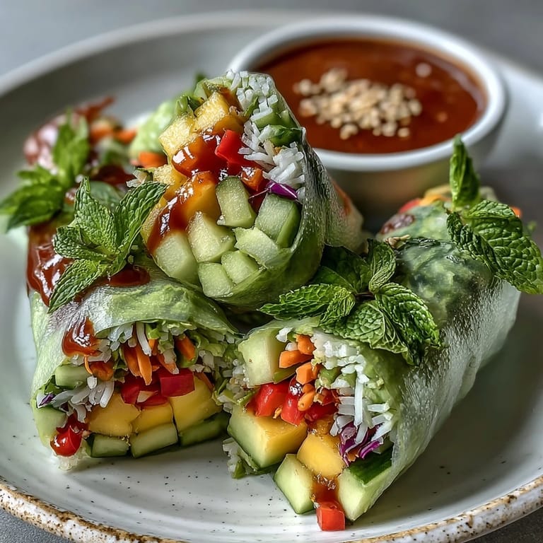 Handheld gluten-free spring rolls with herbs, mint, and sesame seeds, served with spicy sauce.