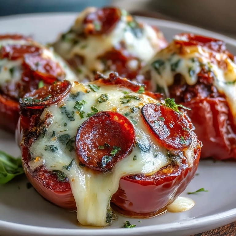 Oven-baked Keto Pizza Stuffed Peppers with golden, gooey cheese and pepperoni, paired with a fresh green salad.