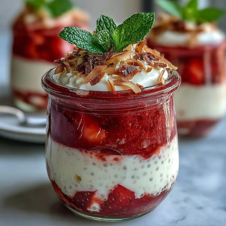 Vibrant Strawberry Chia Seed Pudding with Coconut Milk served in a glass, garnished with toasted coconut flakes and mint.