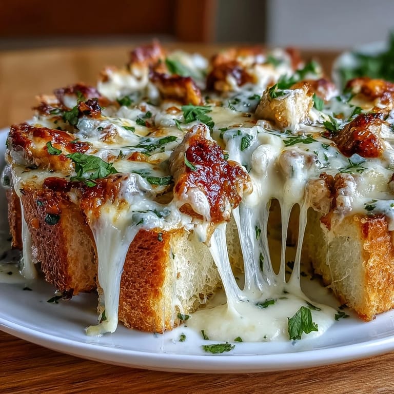 Golden-baked Italian bread topped with rich chicken Alfredo, melted cheeses, and fresh parsley, perfect for sharing or as a hearty main dish.