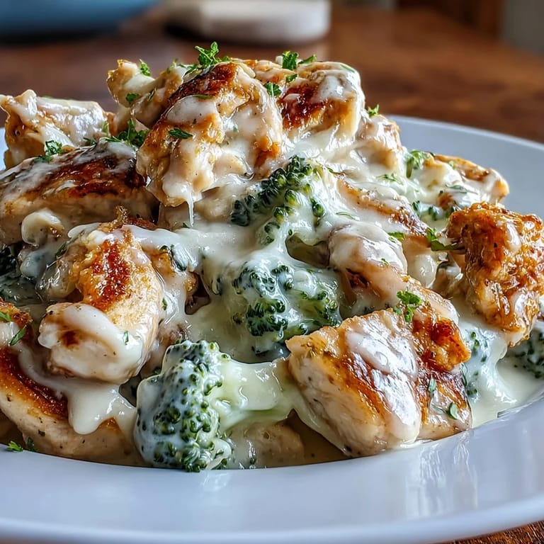 Keto-friendly Chicken Alfredo featuring succulent chicken breast and decadent cheese sauce atop tender broccoli florets.