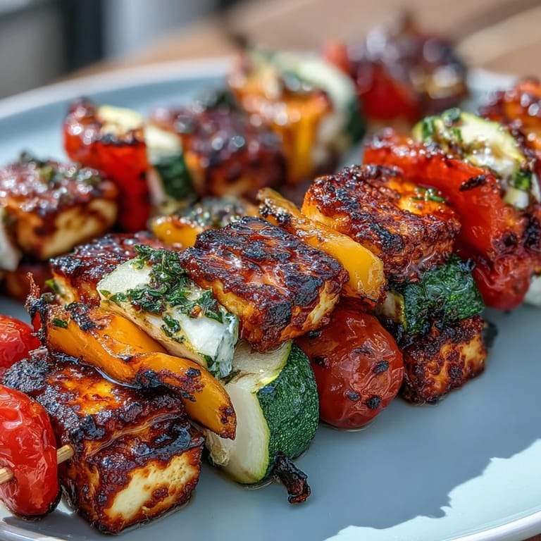 Golden halloumi cheese and tender grilled vegetables on skewers, paired with a refreshing mint and parsley yogurt dip—perfect for summer cookouts and vegetarian dinners.