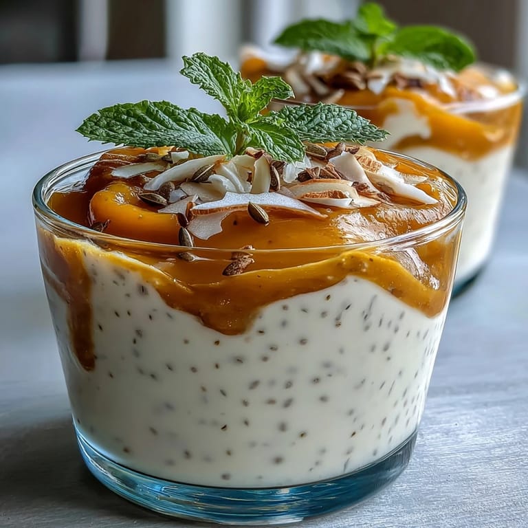 Nutritious vegan breakfast cups layered with coconut chia pudding and vibrant mango purée for a refreshing start.  