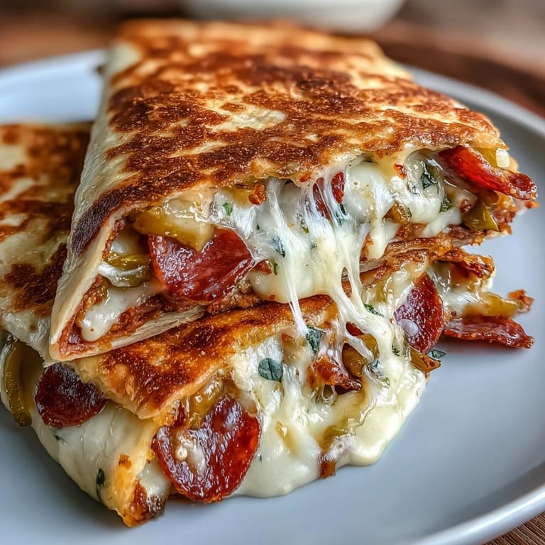 Golden low-carb tortilla stuffed with Italian meats, melted cheese, and tangy peppers, drizzled with Italian dressing.