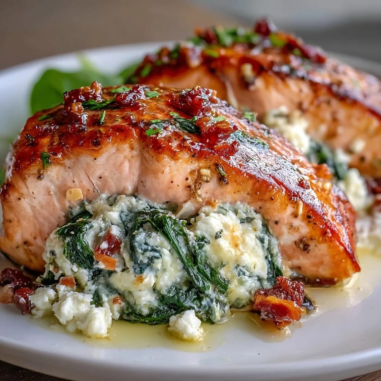 Golden-baked salmon fillets stuffed with a savory spinach and feta mixture, topped with roasted red peppers for a Mediterranean-inspired, easy dinner.