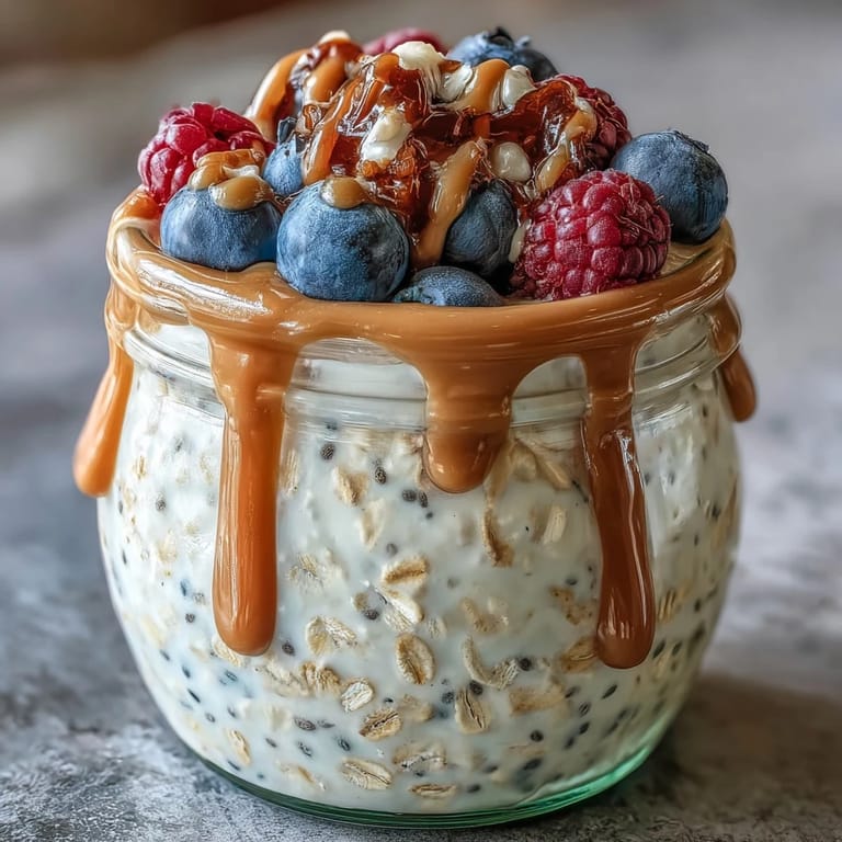 Wholesome oats soaked overnight, served with juicy berries and creamy almond butter for a healthy start.