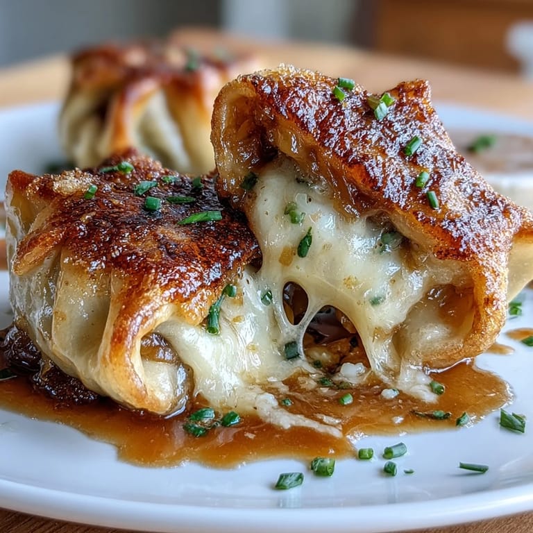 Bite-sized French Onion Soup Dumplings with crispy bottoms, gooey Gruyère, and a drizzle of savory broth.