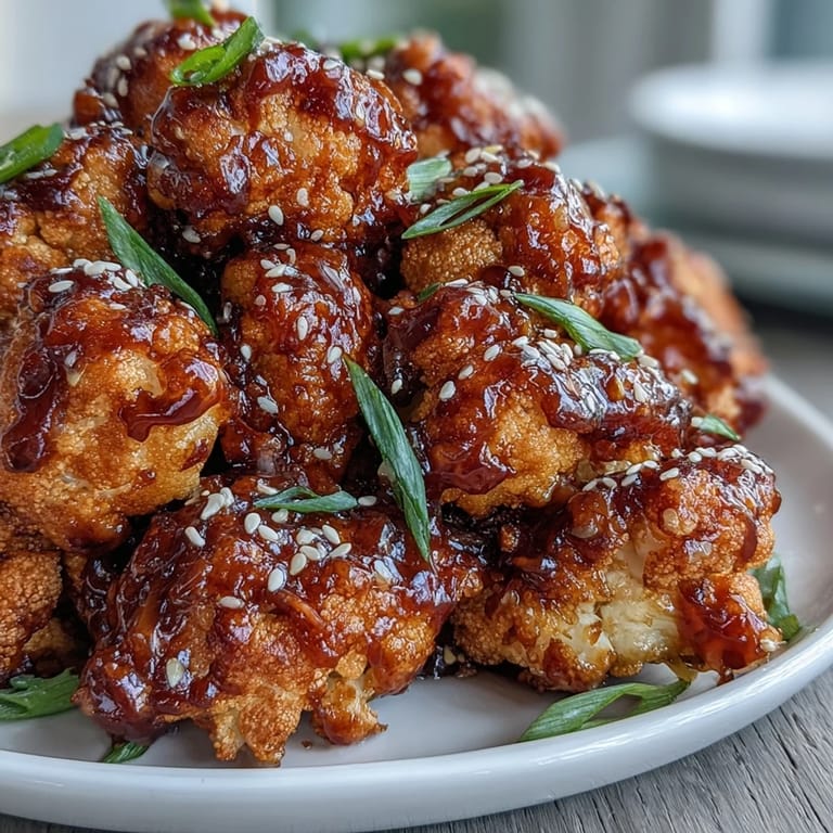 Golden battered cauliflower bites in a spicy-sweet General Tso's glaze, served as a vegetarian main or appetizer.  