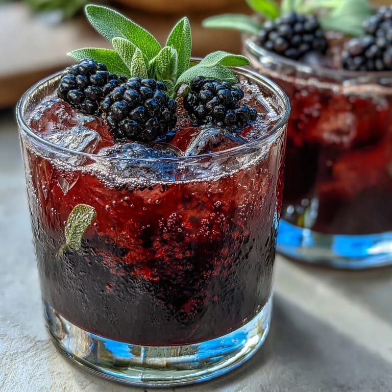 Vibrant non-alcoholic drink featuring muddled blackberries and sage, topped with sparkling water and served over a bed of crushed ice.