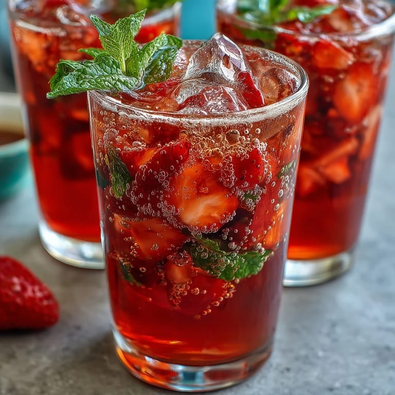 Refreshing non-alcoholic strawberry cocktail featuring muddled berries, lemon, and sparkling water, garnished with cucumber and mint.