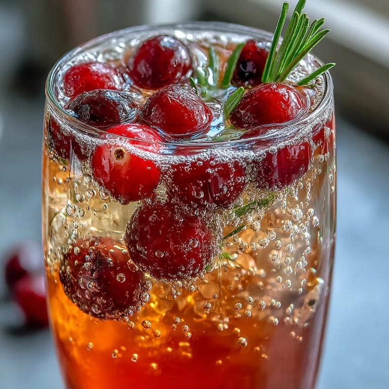 Sparkling cranberry-orange drink with fresh rosemary, served over ice with citrus slices and berries.