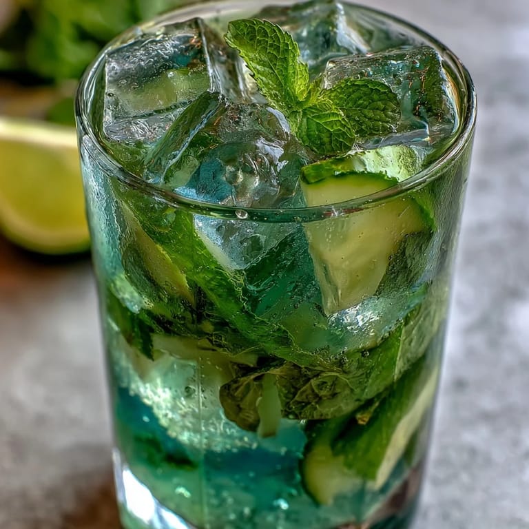 Bright green virgin mojito featuring lime wedges, mint leaves, and cucumber, perfect for a healthy, non-alcoholic beverage option.
