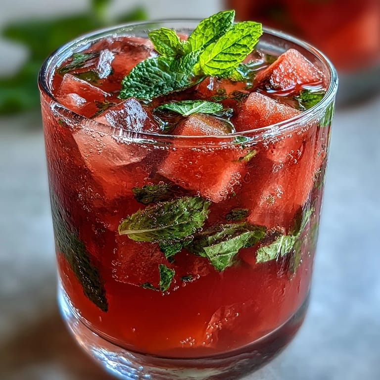 Glass of watermelon mint infused water with floating fruit and herbs, offering a naturally sweet and cooling beverage.