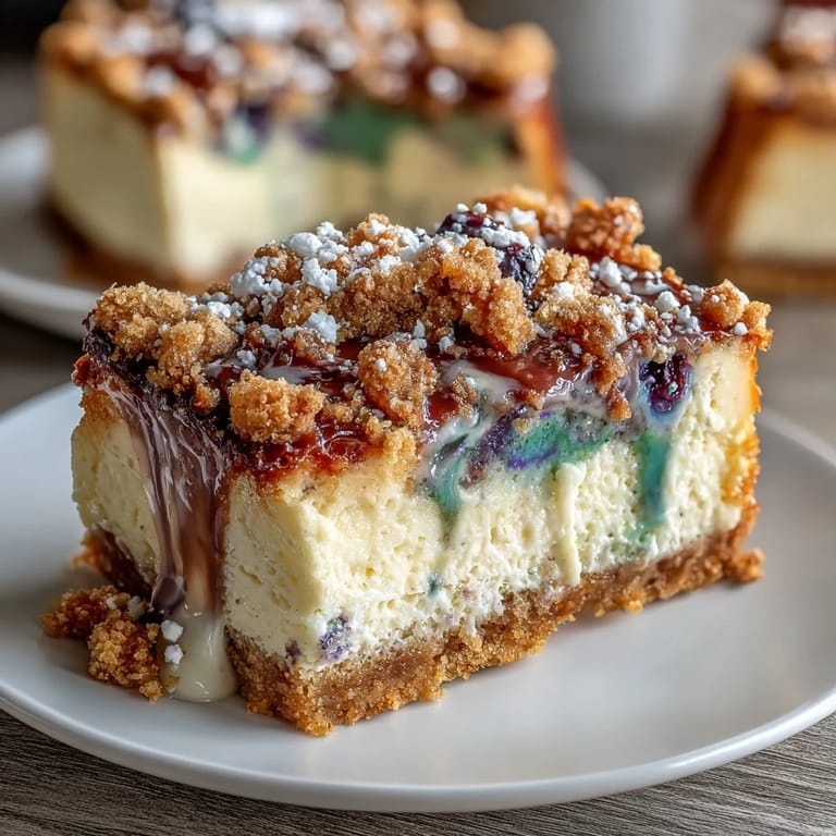 Creamy cheesecake bars featuring festive Mardi Gras colors swirled atop a buttery cinnamon base, ideal for sharing at parties.