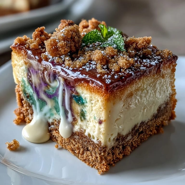 Decadent King Cake Cheesecake Bars with marbled purple, green, and gold layers, drizzled with vanilla icing and sanding sugar.