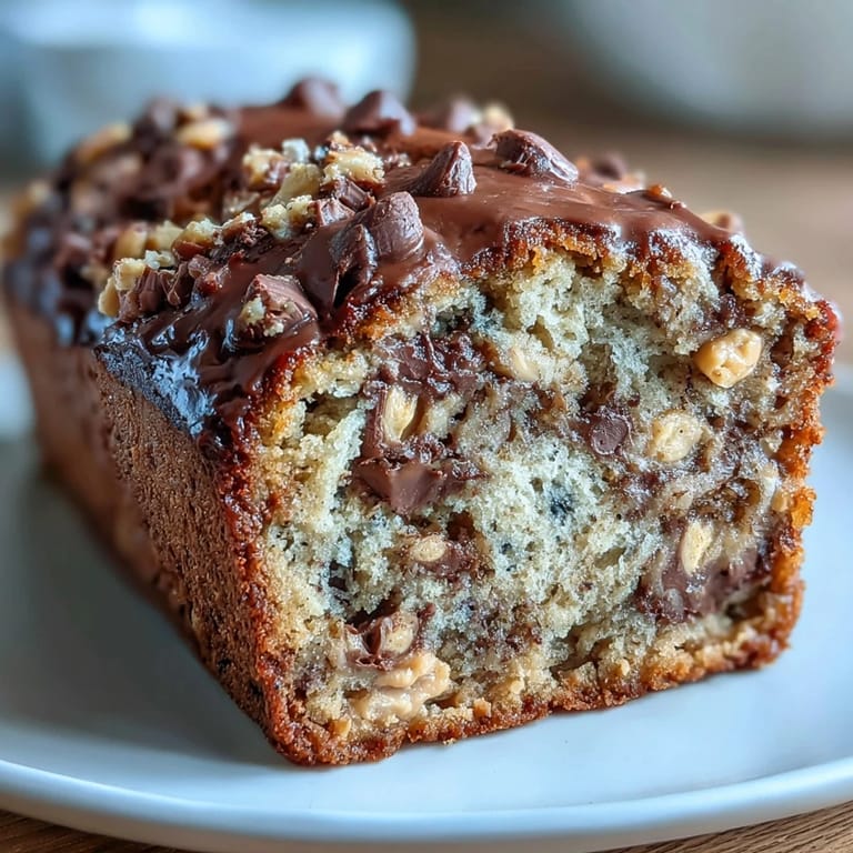Rich banana bread with swirls of creamy peanut butter and chunks of peanut butter cups, baked to golden perfection and studded with chocolate chips.