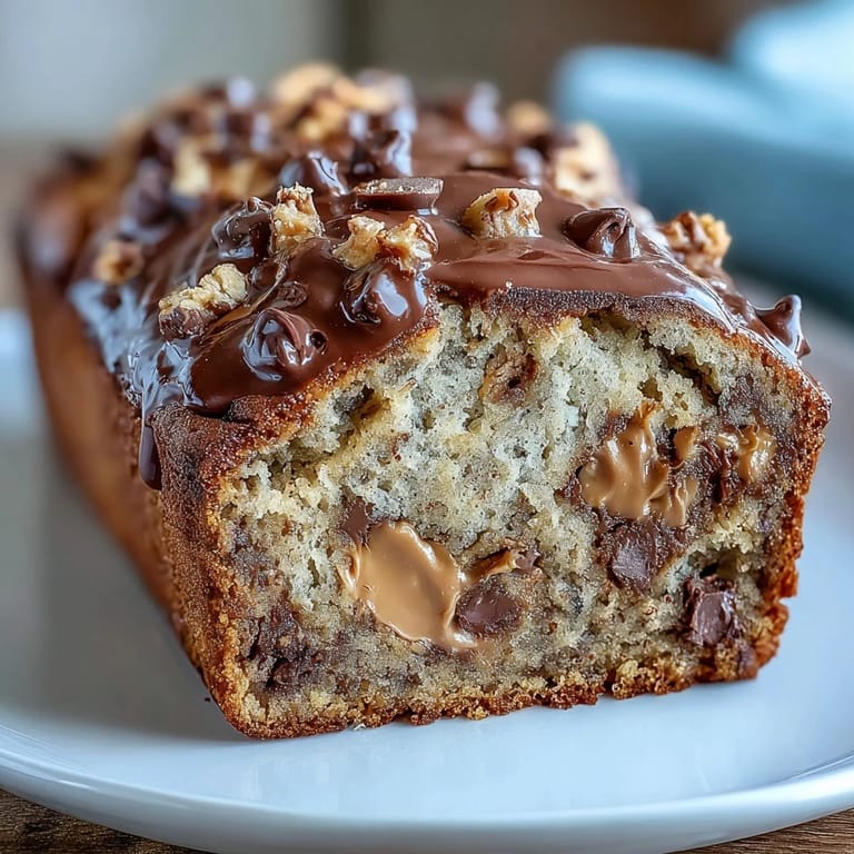 Moist banana bread loaf loaded with peanut butter, chocolate chips, and chopped peanut butter cups—an irresistible treat for any occasion.
