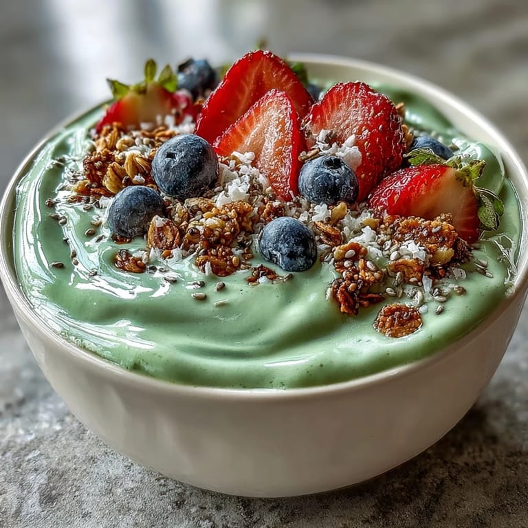 Creamy matcha green tea smoothie bowl topped with strawberries, blueberries, and chia seeds for a nourishing treat.