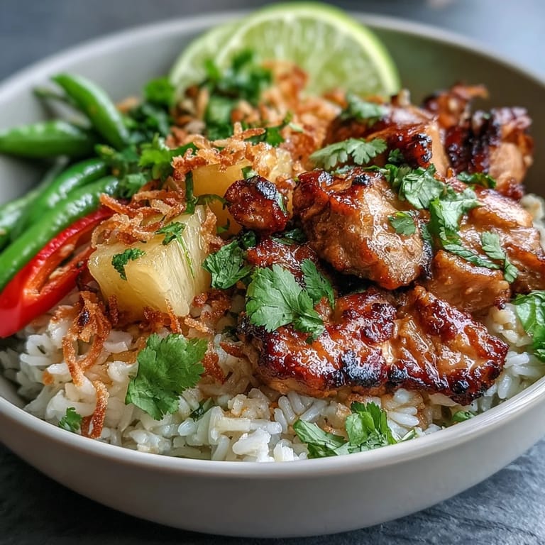 Tropical coconut rice bowl with grilled chicken, sweet pineapple chunks, and crisp snap peas, finished with a sprinkle of toasted coconut.  