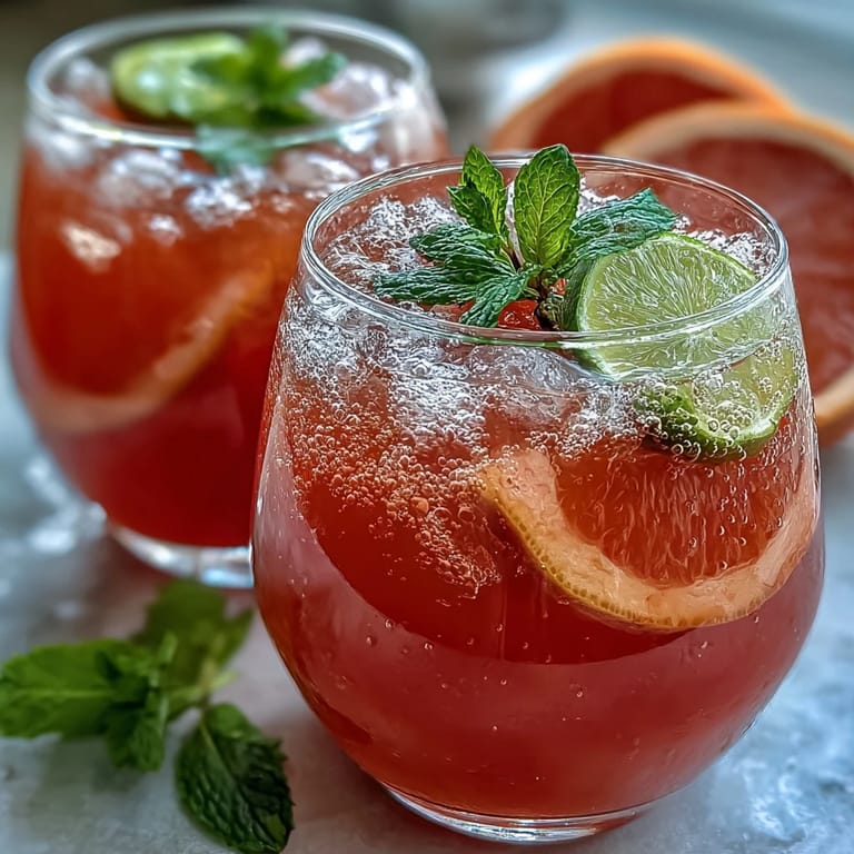 A zesty, non-alcoholic beverage featuring grapefruit and lime, garnished with mint and citrus slices, perfect for spring brunches or festive gatherings.
