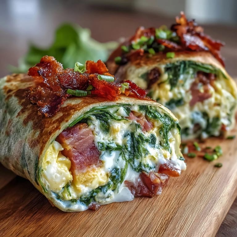 Colorful breakfast wraps filled with cheesy scrambled eggs, ham, and baby spinach for a fun morning meal.