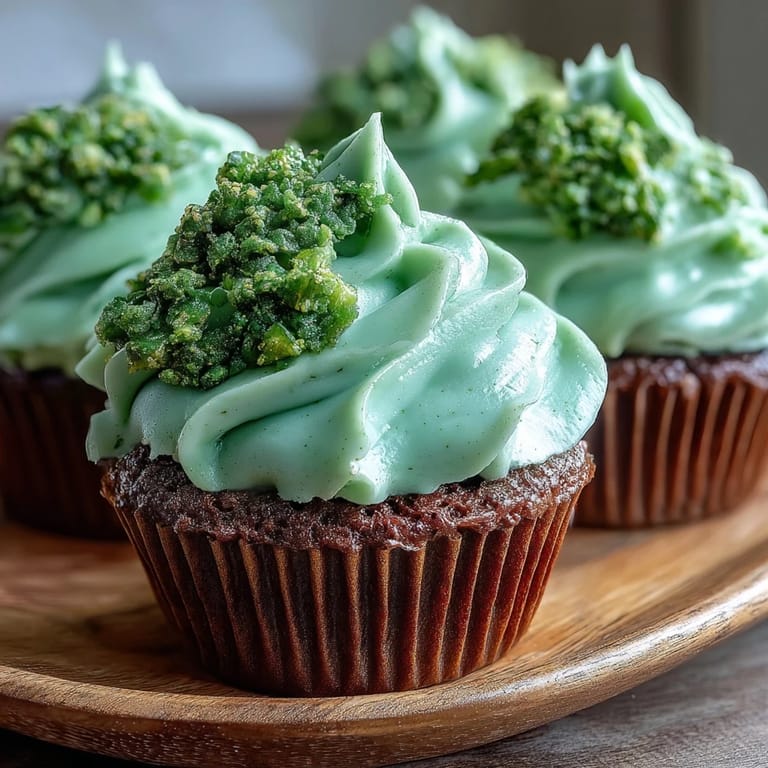 Bright green velvet cupcakes topped with smooth cream cheese frosting, perfect for a cheerful St. Patrick's Day dessert table.
