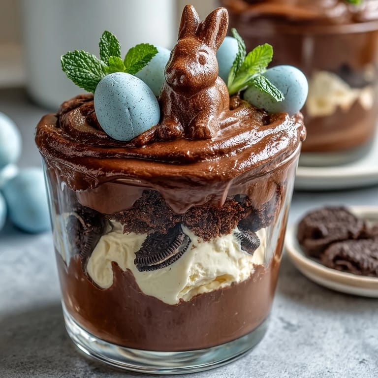 Easter Bunny Dirt Cups with Chocolate Pudding and Oreos: whimsical no-bake dessert featuring chocolate pudding, cookie crumbles, and bunny candies in clear cups, perfect for spring celebrations.