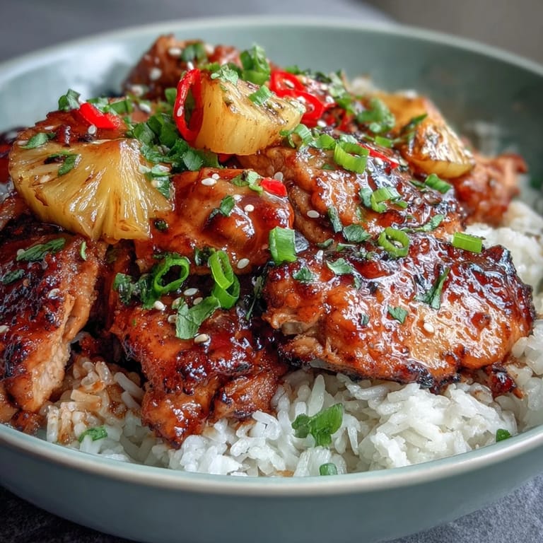 Close-up of the finished Pineapple Chicken and Rice Bake garnished with sesame seeds and green onions on a serving plate.