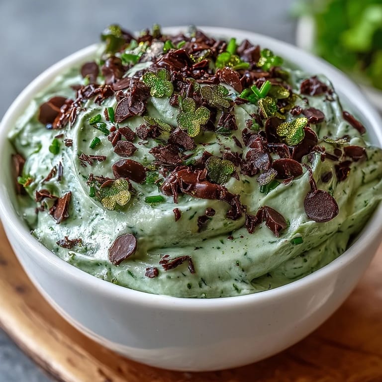 Festive green mint chocolate chip dip topped with shamrock sprinkles, served with cookies for a fun St. Patrick's Day treat.