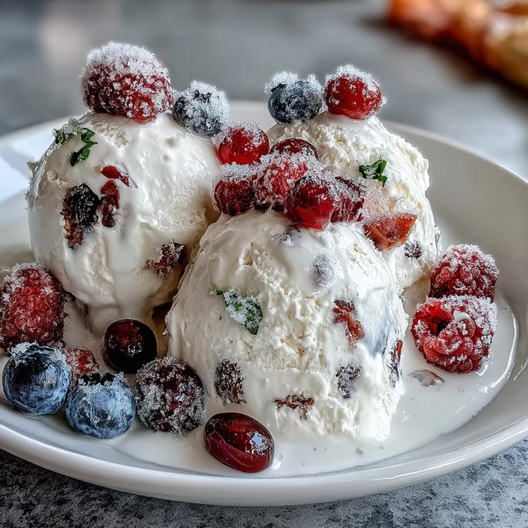 Colorful frozen yogurt bark layered with juicy strawberries, blueberries, and raspberries, drizzled with honey for natural sweetness.  