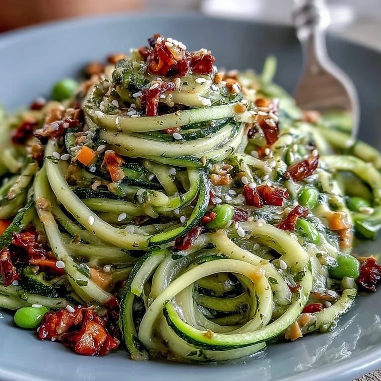 Vibrant zucchini noodle stir-fry with colorful bell peppers, carrots, and snap peas, tossed in a tangy peanut sauce.