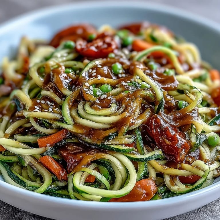 Fresh zucchini noodles combined with crunchy vegetables and drizzled with rich, savory peanut sauce, topped with cilantro and peanuts.
