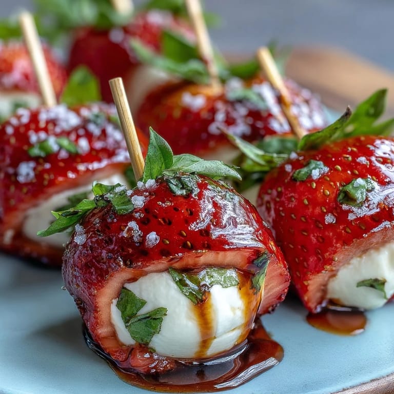 Vibrant strawberry caprese skewers with mozzarella, basil, and balsamic drizzle, perfect for summer appetizers.  
