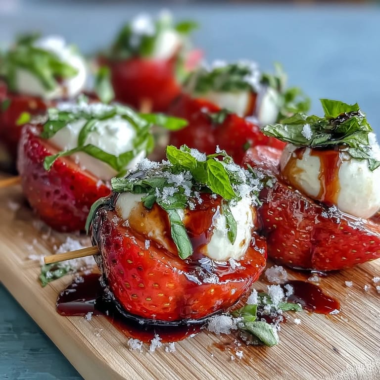 Sweet strawberries and creamy mozzarella on skewers, drizzled with tangy balsamic glaze for a refreshing twist.  