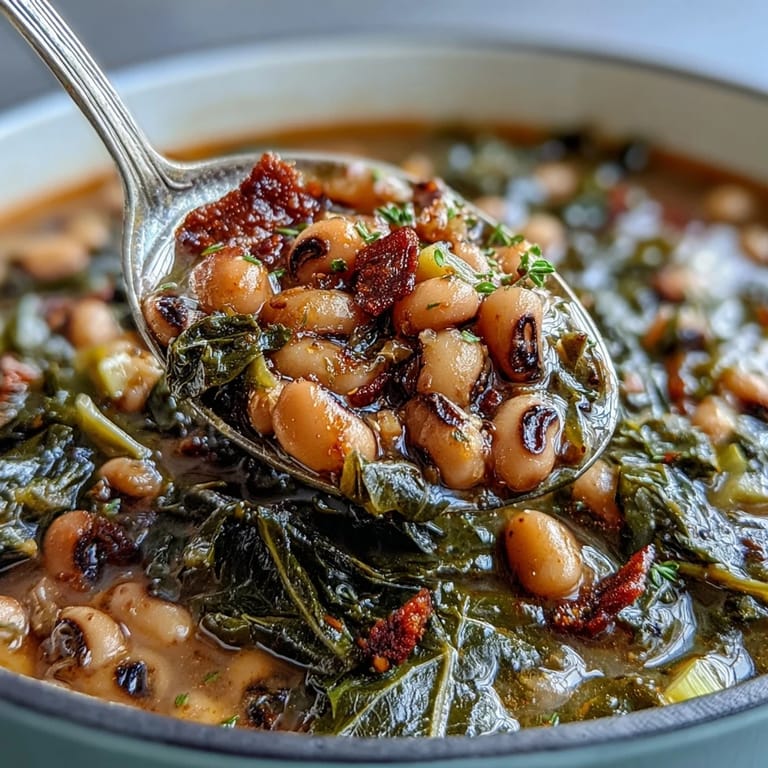 Steaming bowl of Southern black-eyed pea and collard green stew, rich with spices and hearty vegetables, perfect for chilly days.  