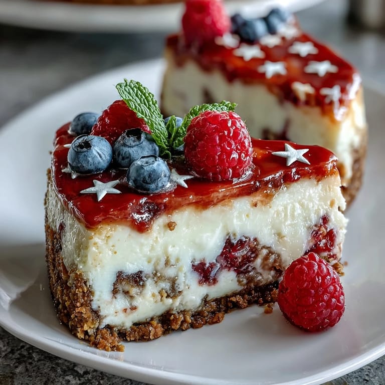 Creamy no-bake cheesecake decorated with blueberries and strawberries to resemble the American flag, perfect for Independence Day celebrations.