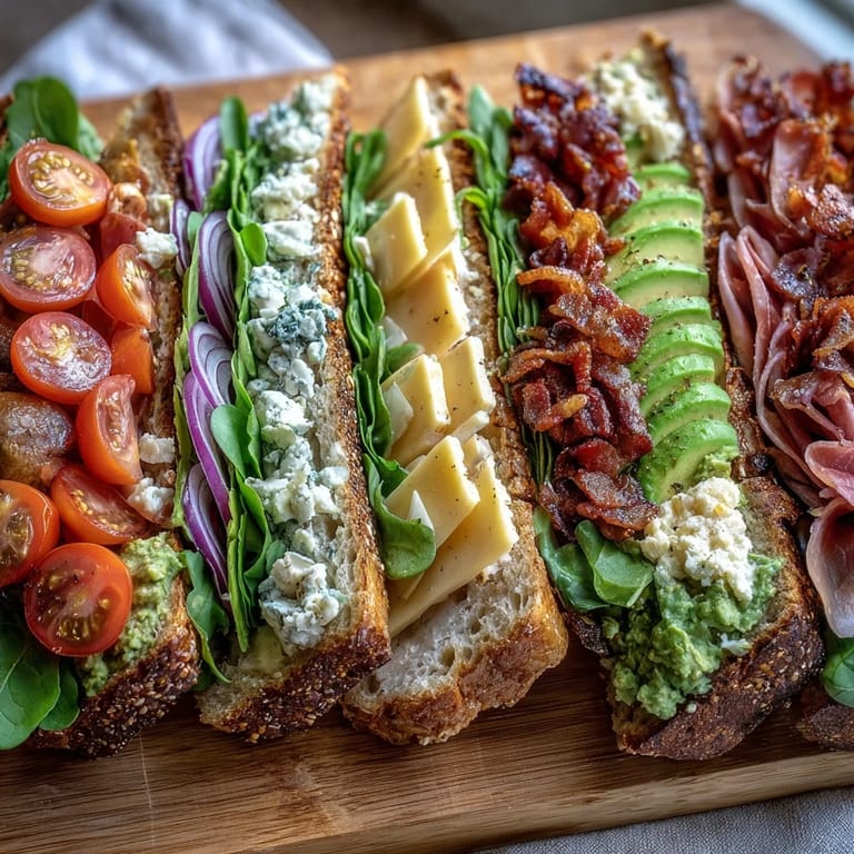 Colorful loaded deli sandwich board featuring sliced meats, cheeses, and crisp vegetables, perfect for DIY sandwich making.  