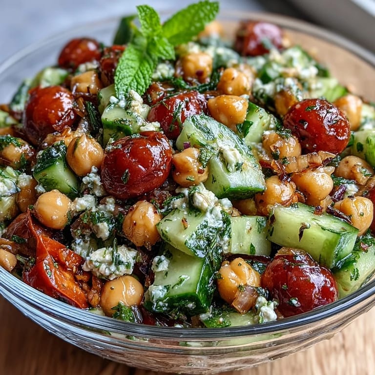 Colorful Healthy Easy Cucumber Chickpea Salad with Lemon Vinaigrette, perfect for a light Mediterranean-inspired lunch.  