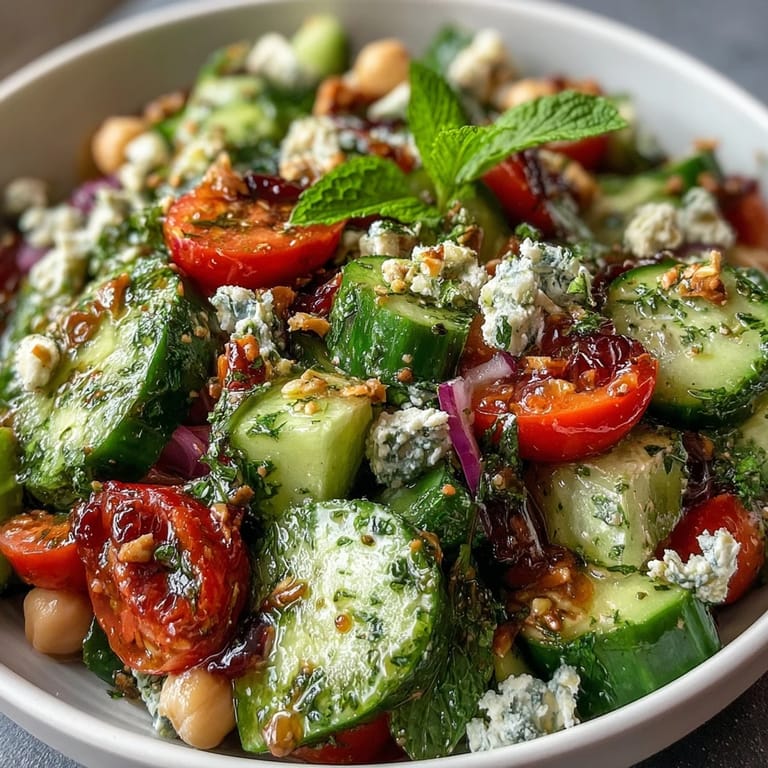 Fresh Healthy Easy Cucumber Chickpea Salad with Lemon Vinaigrette, featuring zesty lemon dressing and garden-fresh ingredients.