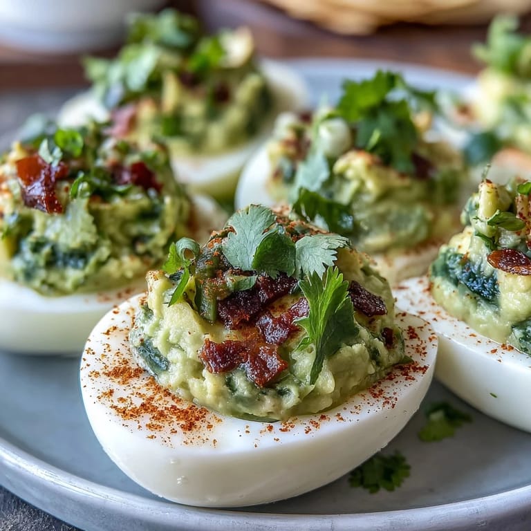 Vibrant deviled eggs filled with rich guacamole, topped with smoked paprika and cilantro for a zesty twist on a classic.