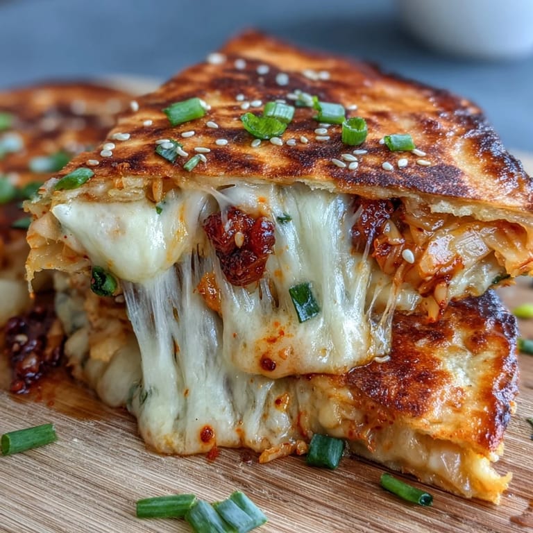 Warm, melty kimchi quesadilla with bold Korean flavors folded into a classic Mexican tortilla, ready to enjoy.