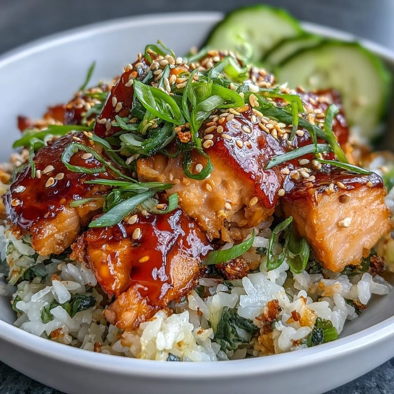Vibrant salmon rice bowl topped with spicy mayo, fresh cucumber, and toasted sesame seeds for a satisfying, Asian-inspired meal.