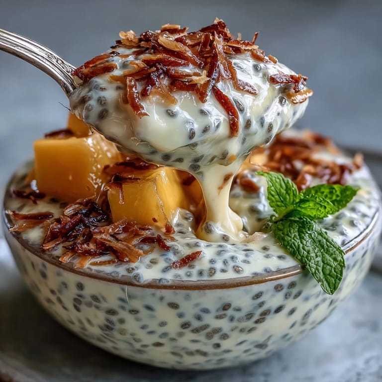 Refreshing vegan chia pudding with juicy mango topping, ideal for a healthy dessert or snack.