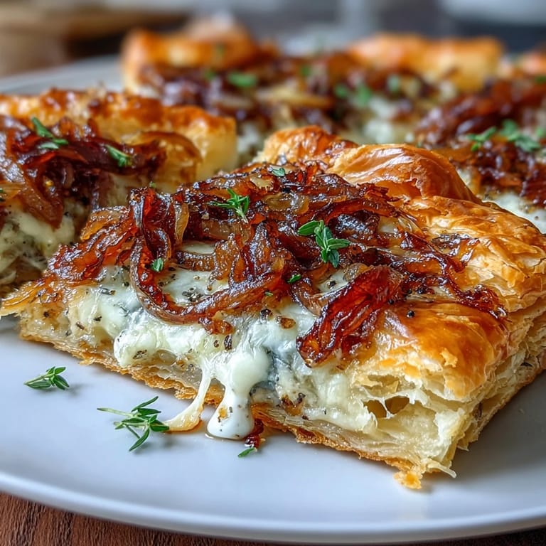 Savory French Onion Puff Pastry Tart features deeply caramelized onions, nutty Gruyère, and fragrant thyme atop crisp golden puff pastry, perfect for entertaining.