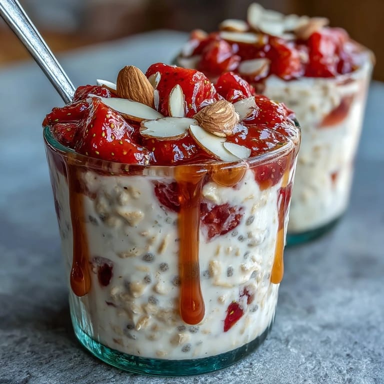 A jar of vanilla-infused oats layered with juicy strawberries and chia seeds for easy mornings.