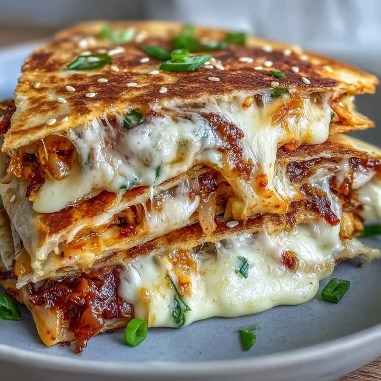 Golden, gooey quesadilla stuffed with tangy kimchi and two kinds of melted cheese, perfect for a quick meal.
