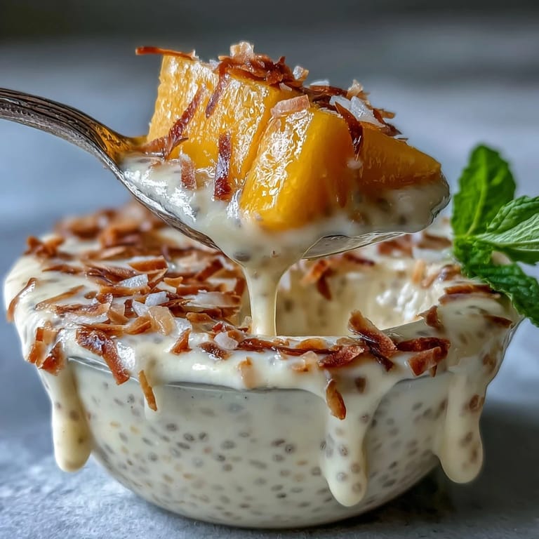 Tropical chia pudding layered with coconut milk, ripe mango, and mint garnish, perfect for breakfast.