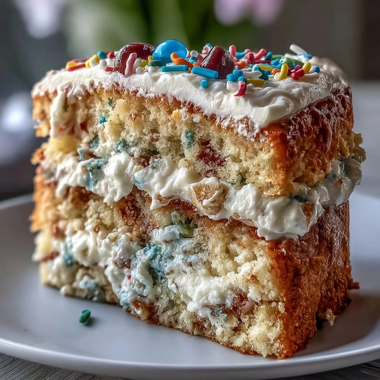 Fluffy funfetti cake filled and frosted with rich cream cheese funfetti dip, topped with cheerful spring sprinkles for celebration.
