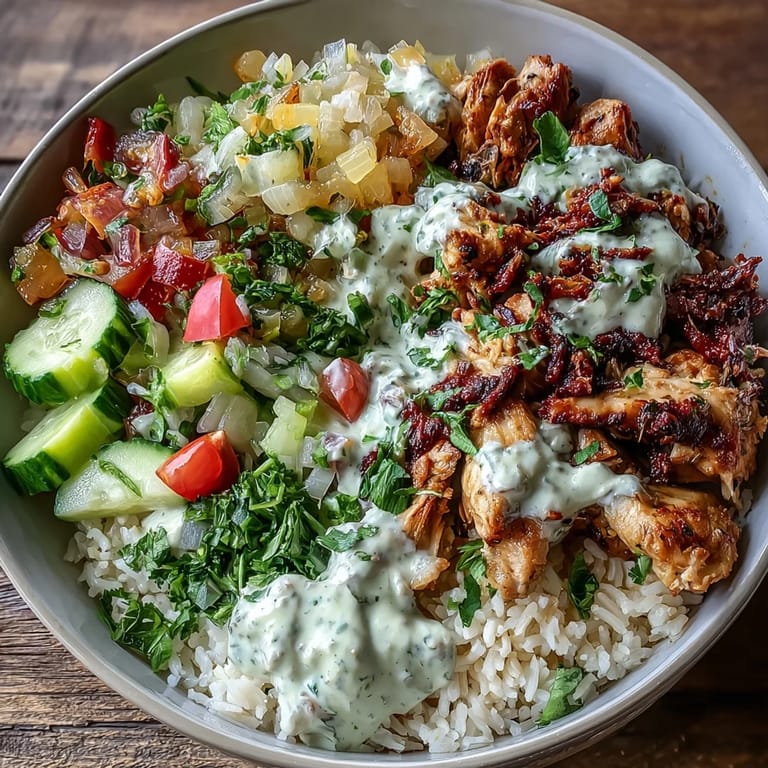 Enjoy this vibrant Middle Eastern Shawarma Bowl topped with a zesty tahini sauce.