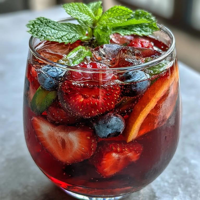 Colorful hibiscus berry tea, garnished with mint, showcasing fresh fruit and a delightful sip.